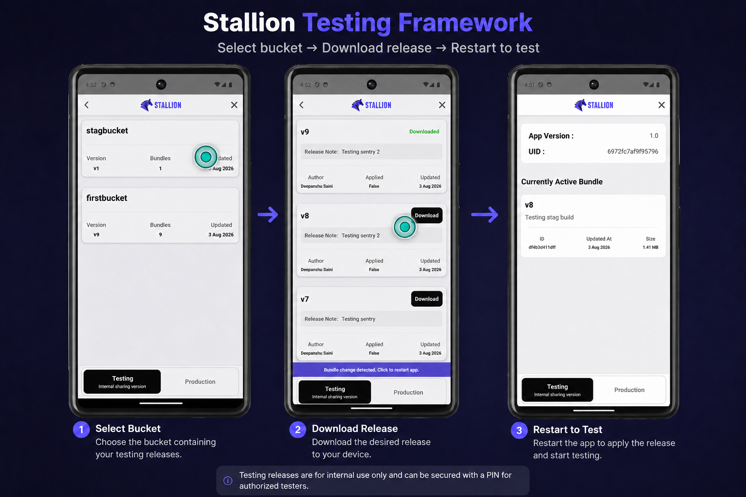 Stallion in-app OTA testing UI showing version switching